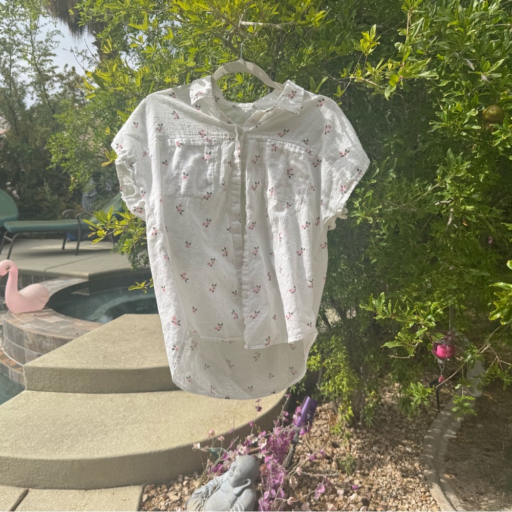 White and Pink Floral Button-Up Cotton Blouse